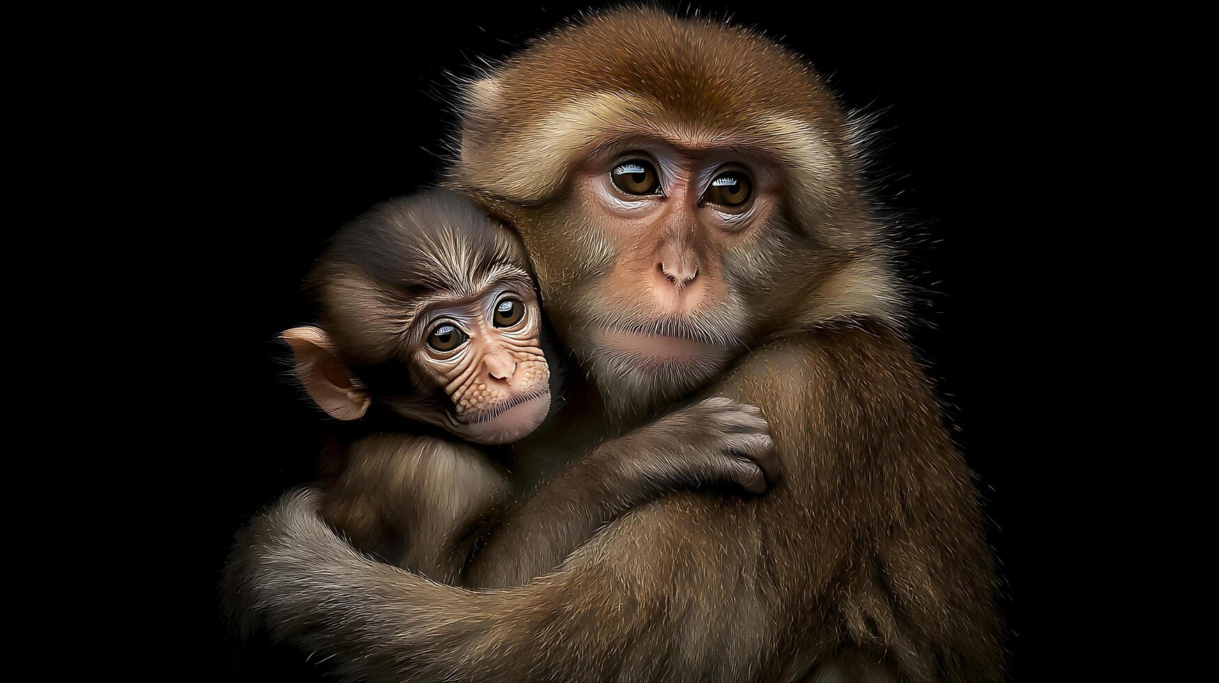 Tender Embrace Mother Monkey Cradles Her Baby Against a Dark Background. photo