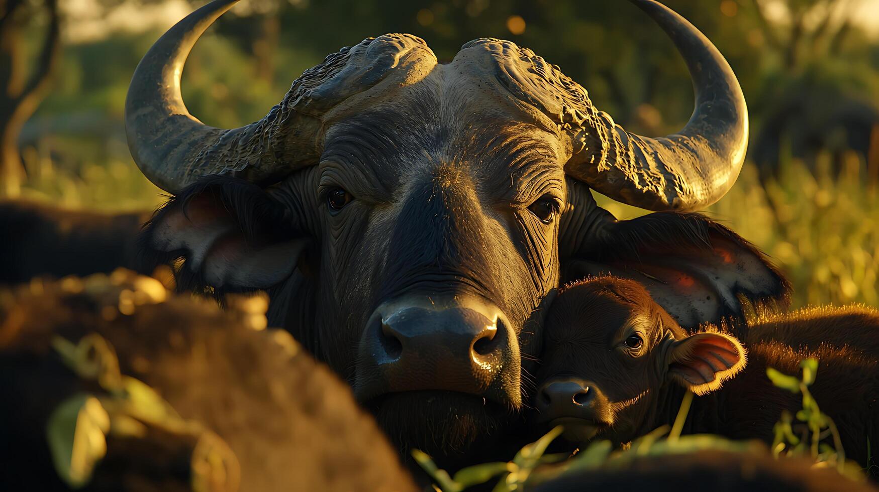 Majestic African Buffalo Mother and Calf in Warm Sunlight. photo