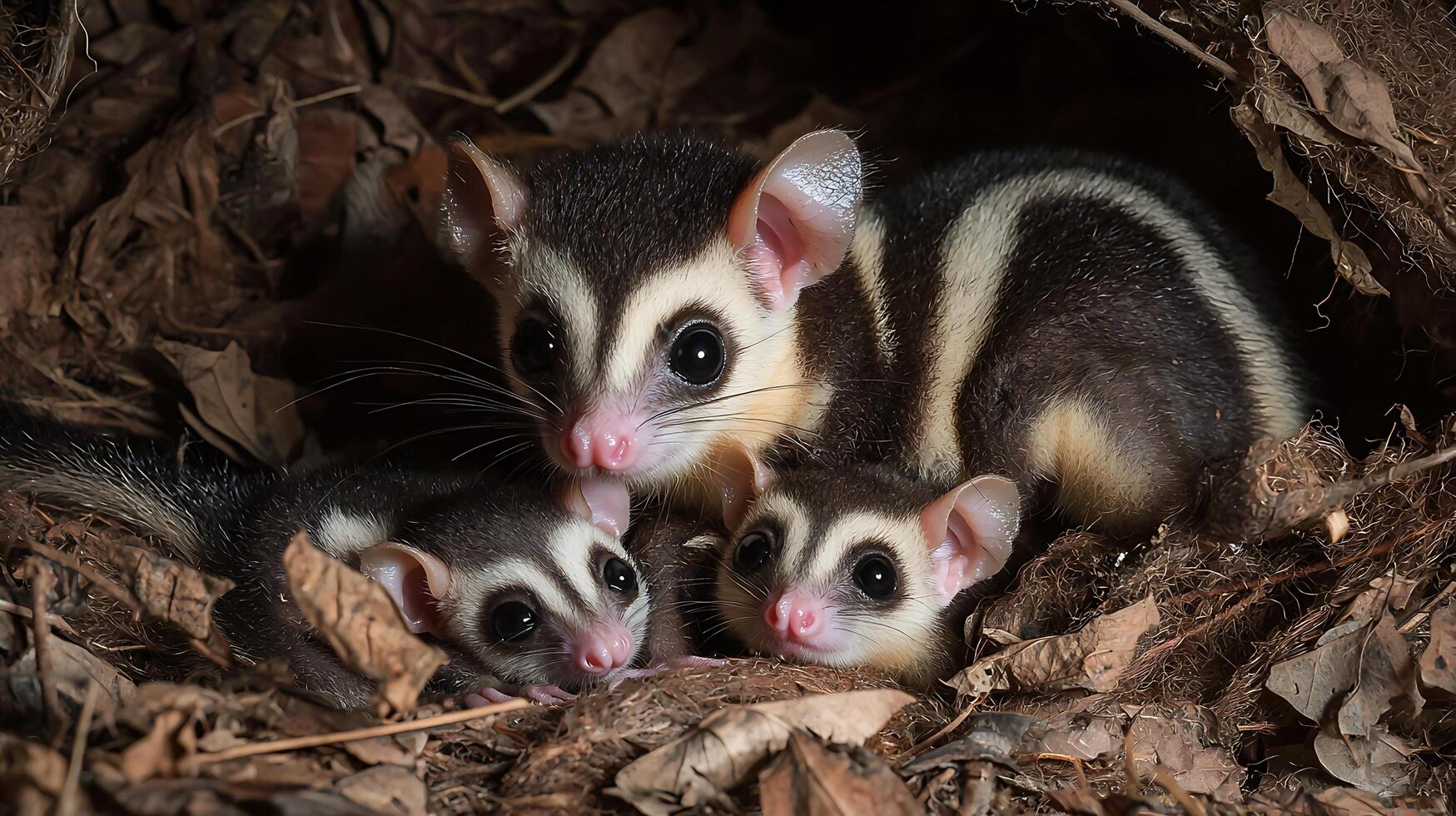 Three Adorable Sugar Gliders Nestled Together in Dry Leaves. photo
