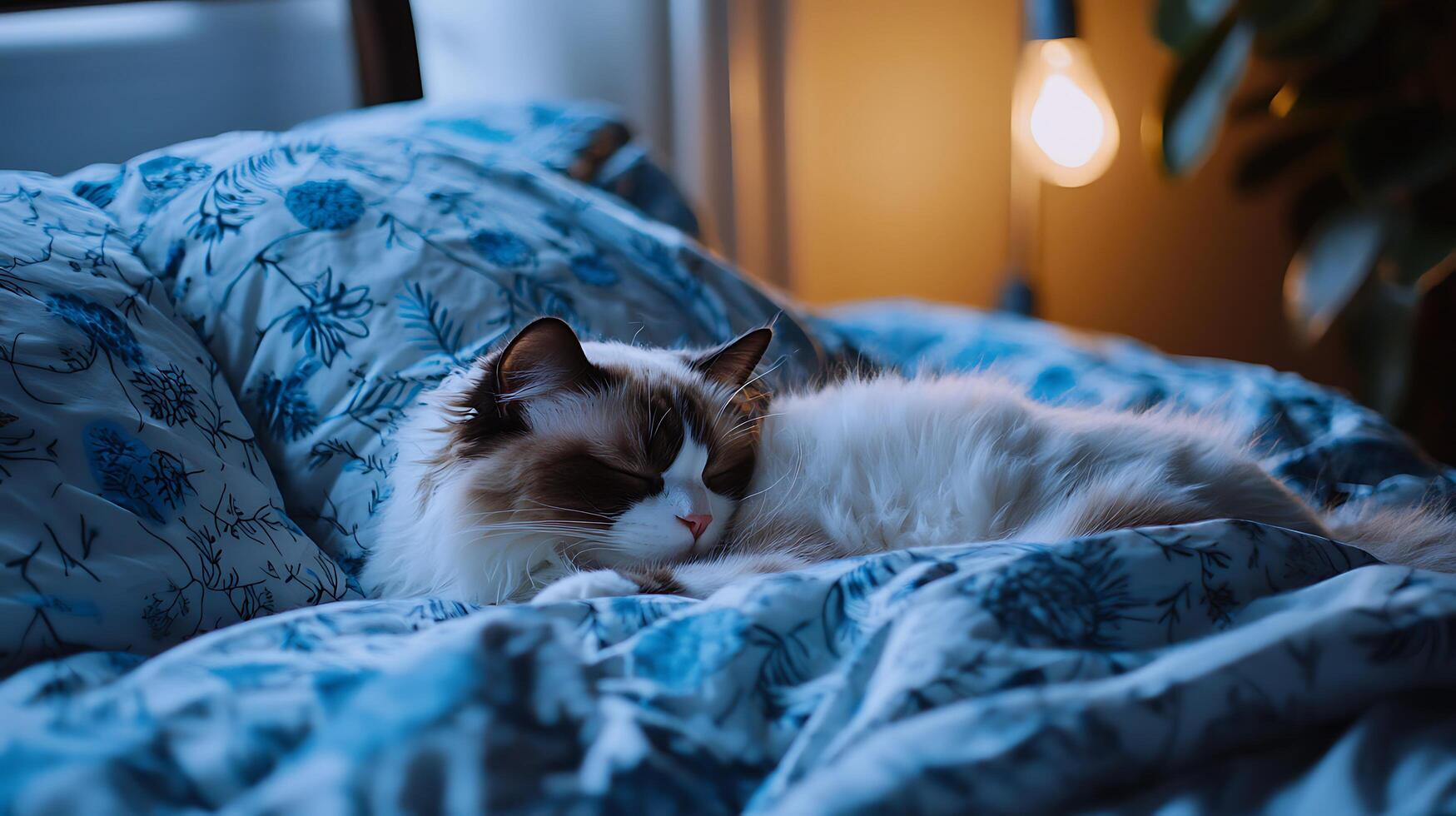Fluffy Ragdoll Cat Sleeping Peacefully on Cozy Bedding in Soft Light. photo