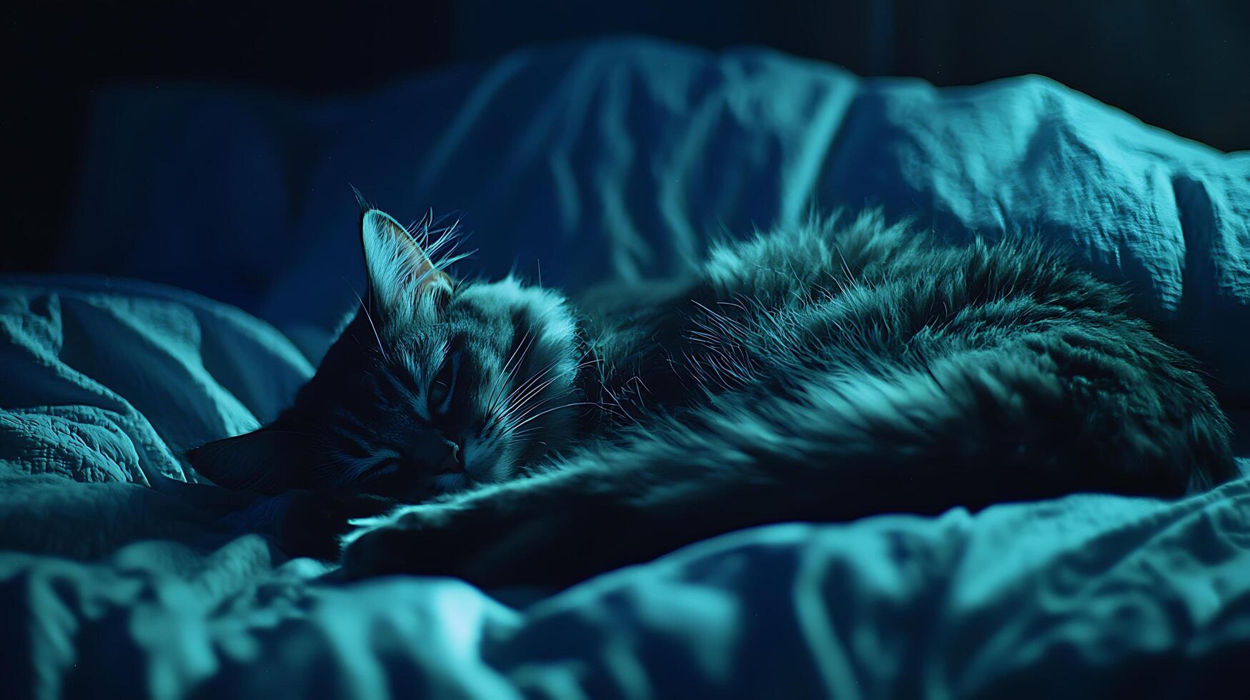 Cozy Cat Resting in Blue Hued Darkness. photo