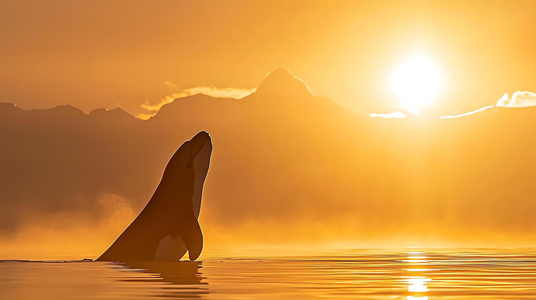 Orca breaching in golden sunrise ocean with mountain backdrop. photo