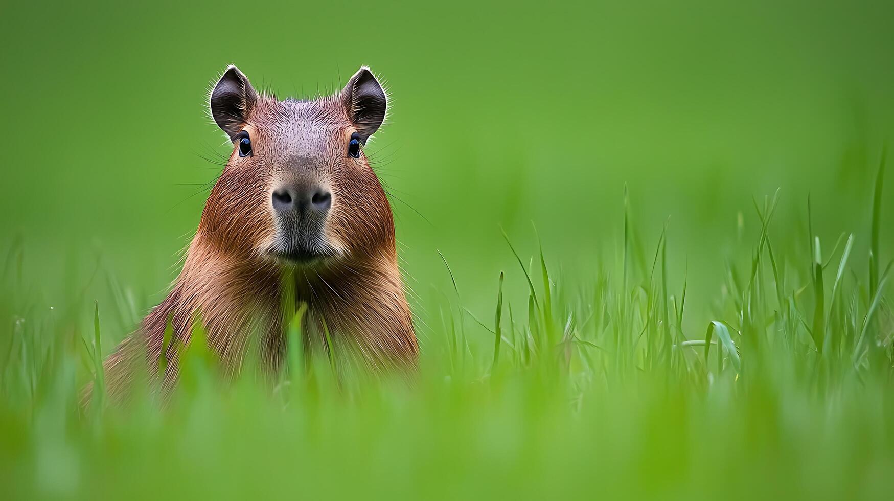Adorable Capybara Peeking Out from Lush Green Grass. photo
