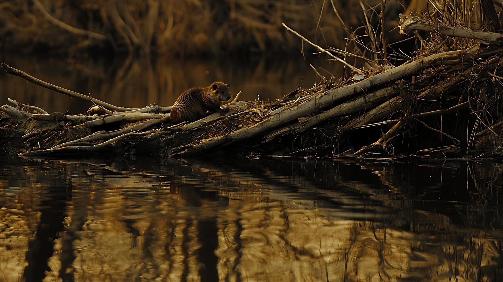 Beaver Resting on Driftwood Near Golden Hour Reflections. photo