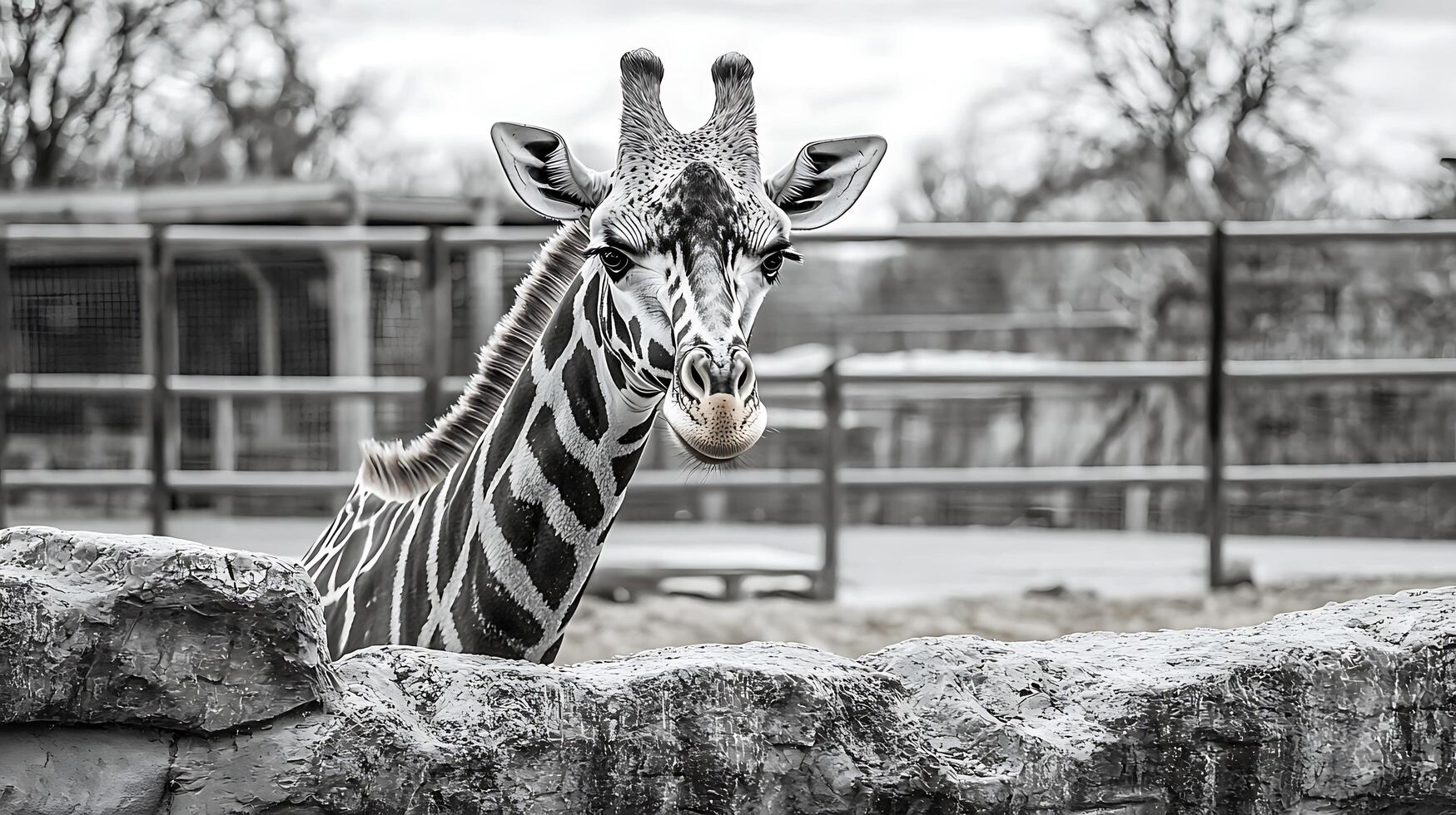 A Close Up Look at a Majestic Giraffe's Face in Black and White. photo