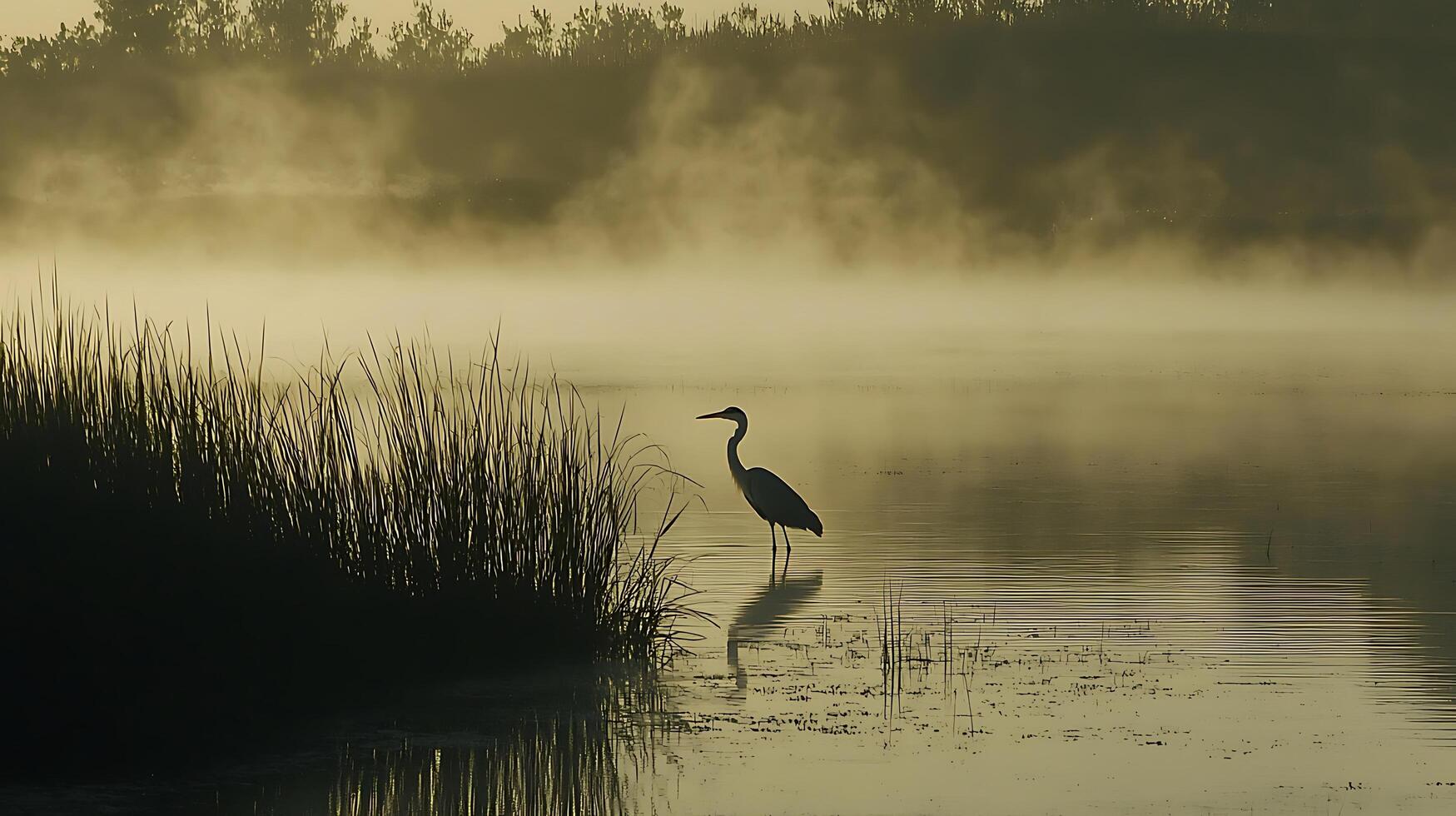 Serene Heron Waits in Misty Morning Light by Calm Water. photo