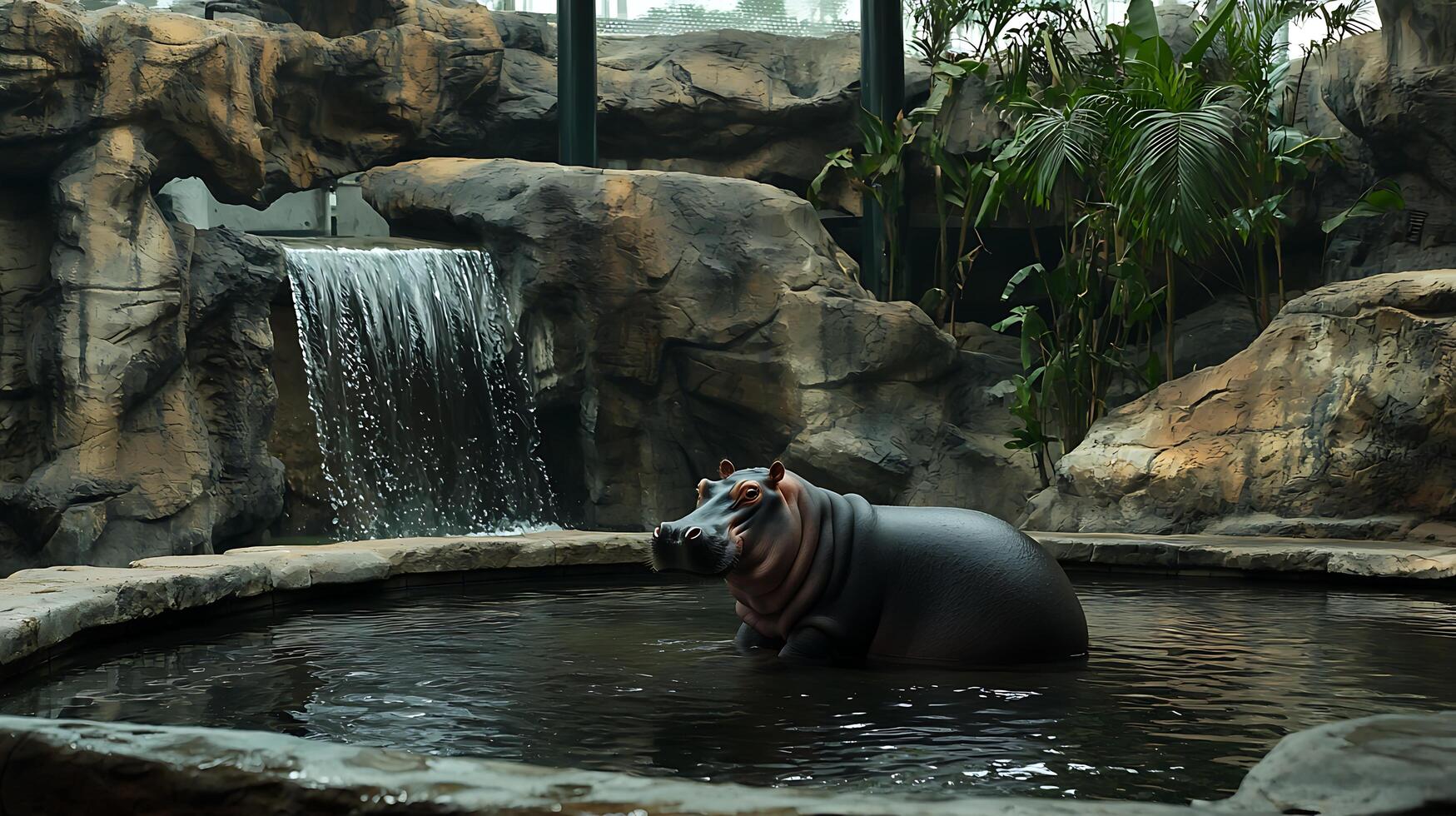 Hippopotamus Resting in a Waterfall Enclosure with Lush Greenery. photo