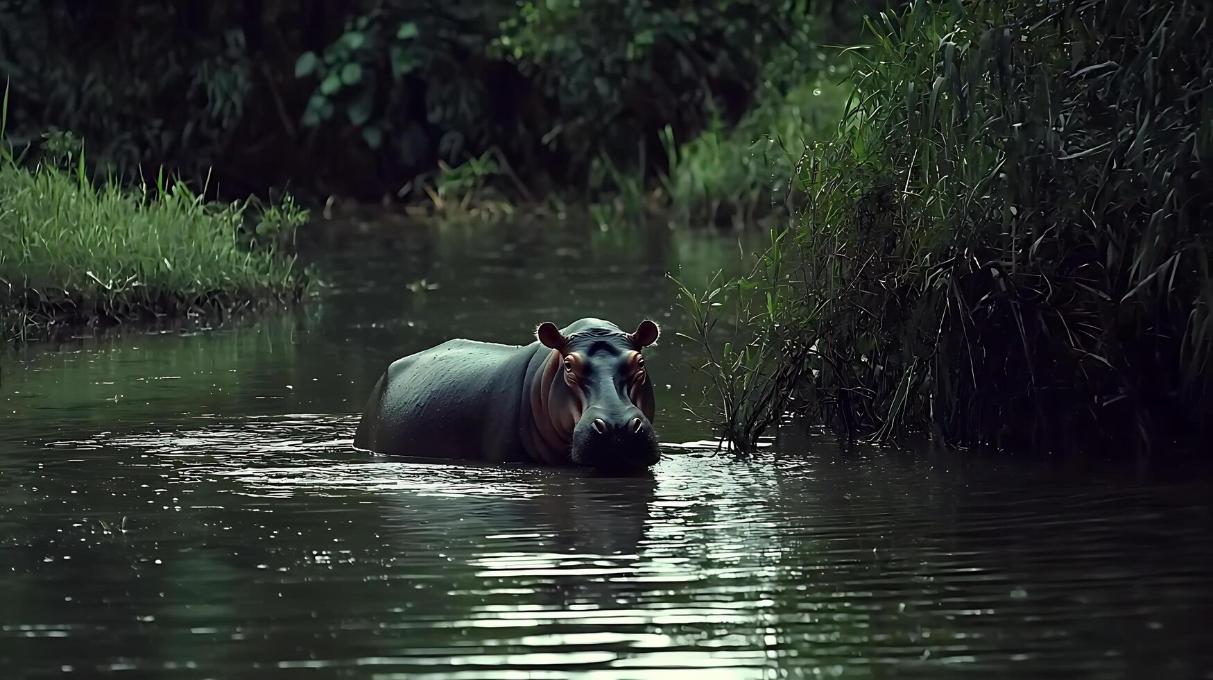 Majestic Hippo Emerges from Dark Water Amidst Lush Greenery. photo