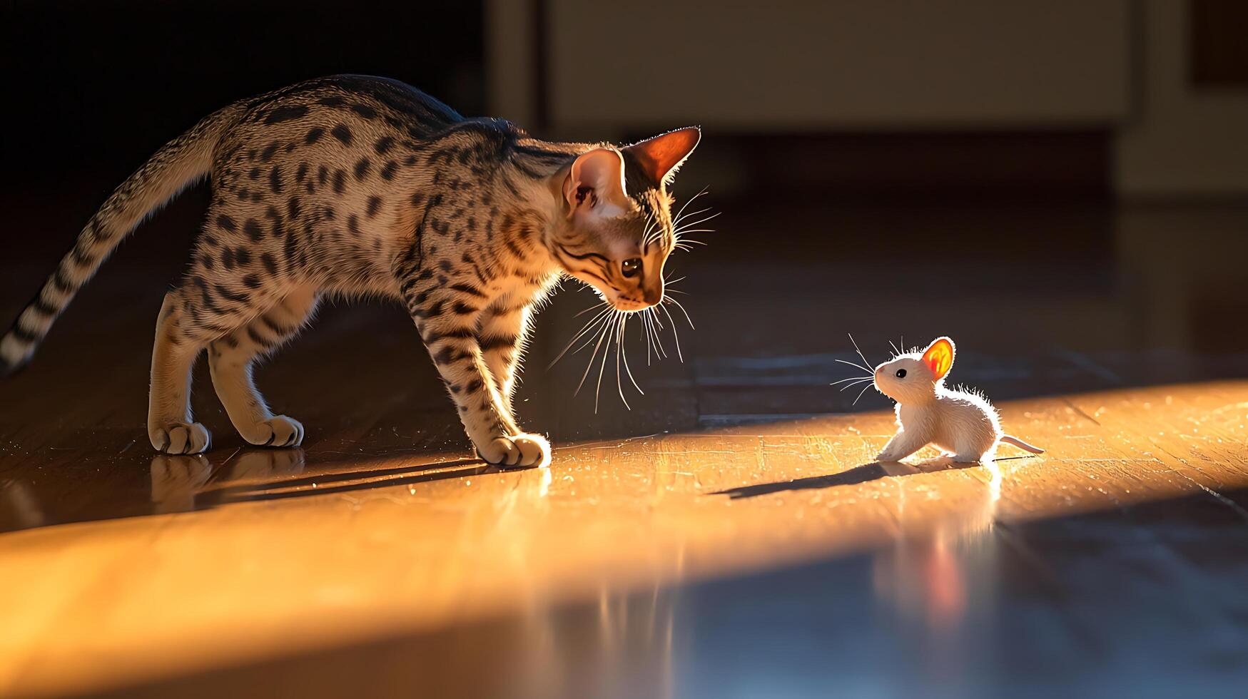 Kitten Curious About Tiny Mouse in Warm Sunlight. photo