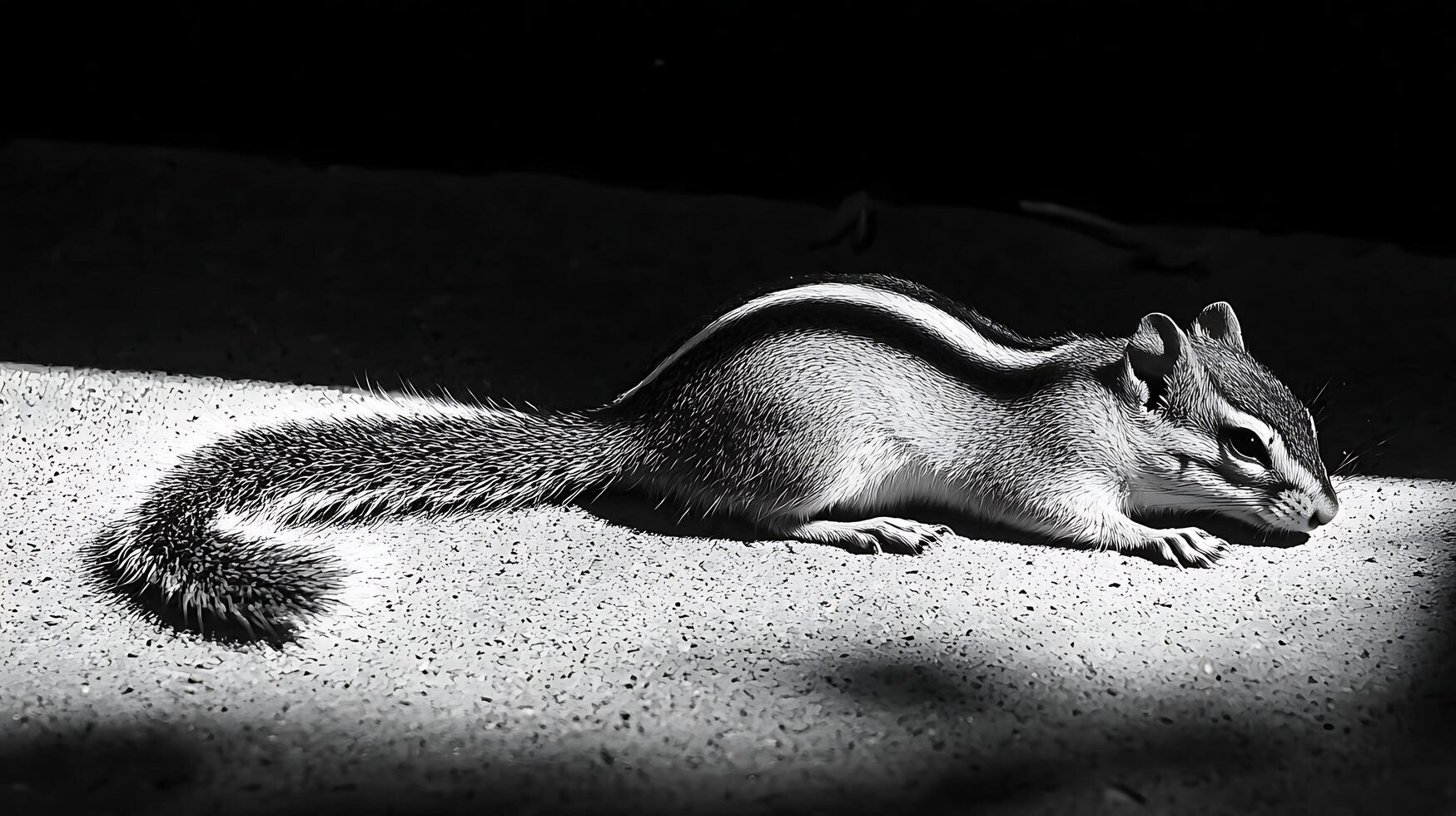 Dramatic Black and White Image of a Chipmunk Resting on Textured Ground. photo