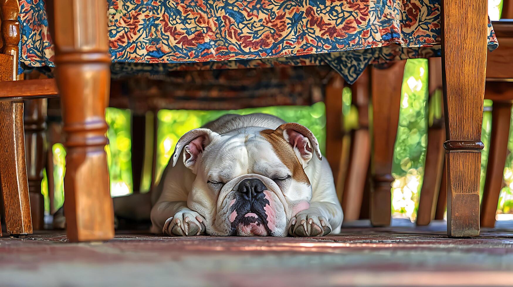 Adorable Bulldog takes a peaceful nap under a colorful patterned tablecloth. photo