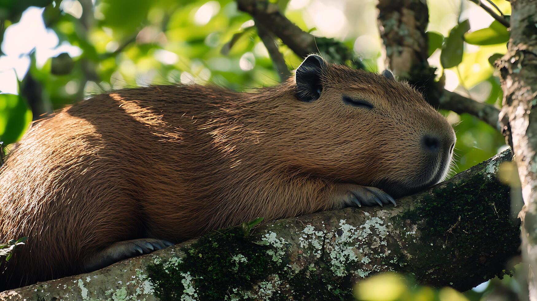 Adorable Capybara peacefully naps on a mossy tree branch. photo