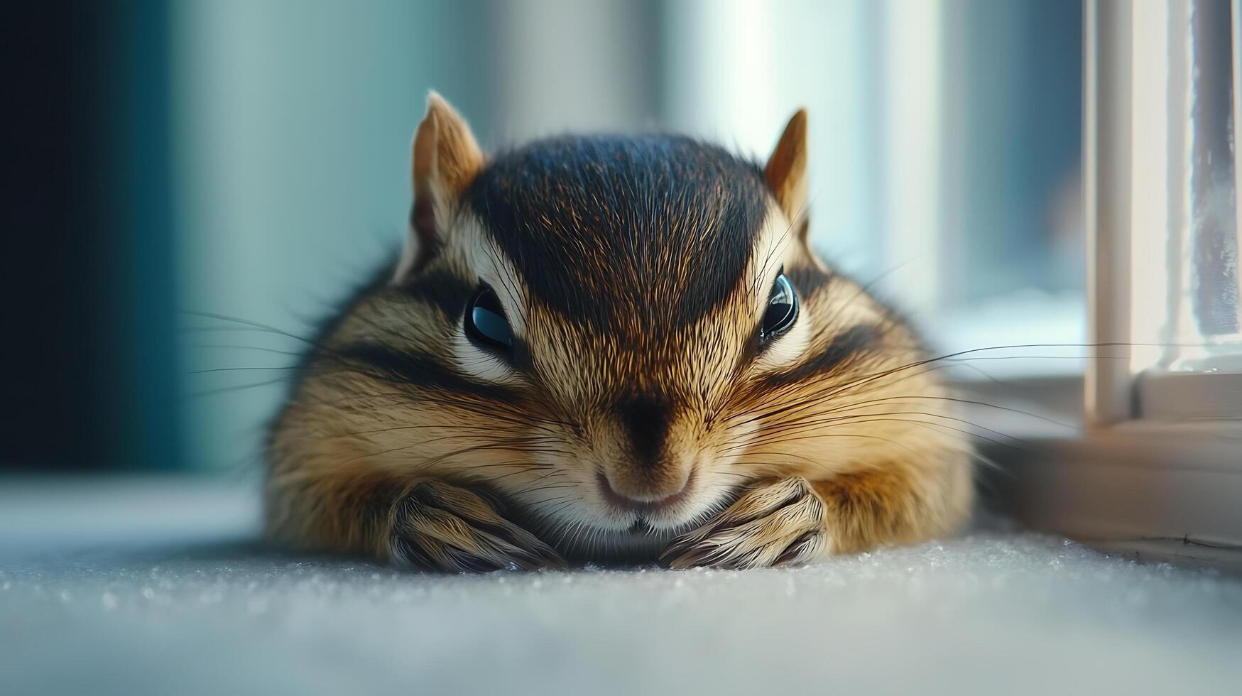 Adorable Chipmunk Resting on a Snowy Window Sill. photo