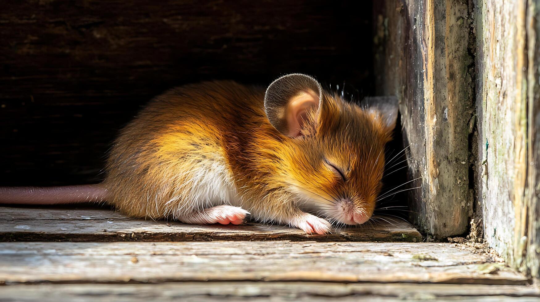 Tiny Mouse Sleeping Peacefully in a Rustic Wooden Nook. photo