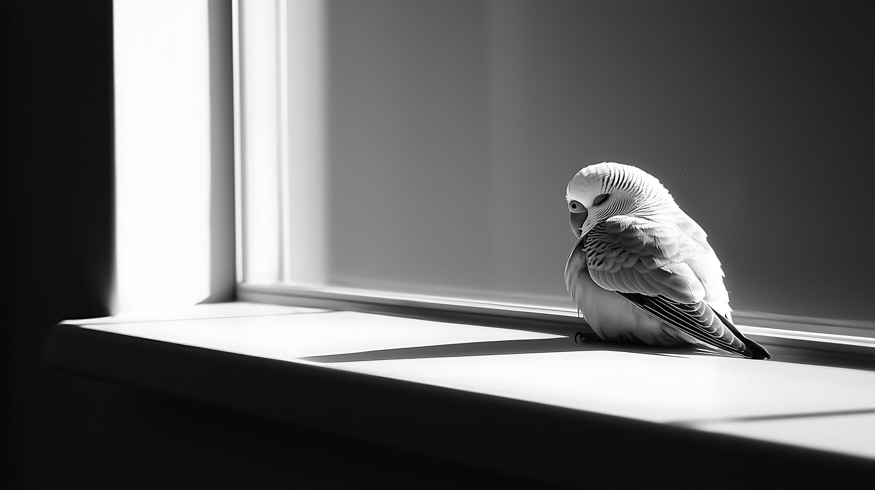 A small budgie bird sits quietly on a windowsill in dramatic lighting. photo