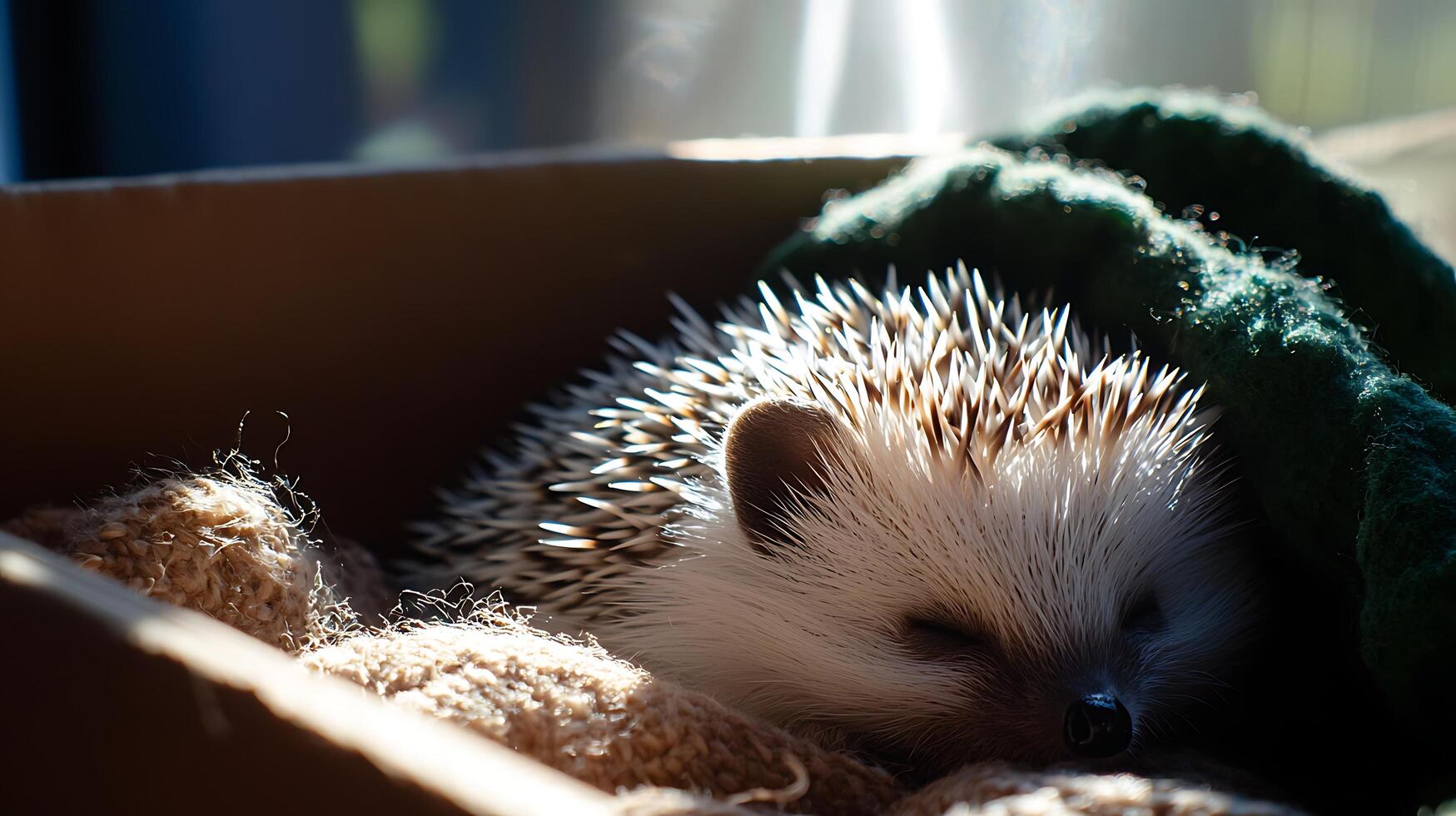Adorable Hedgehog Sleeps Peacefully in Cozy Nest with Warm Sunlight. photo