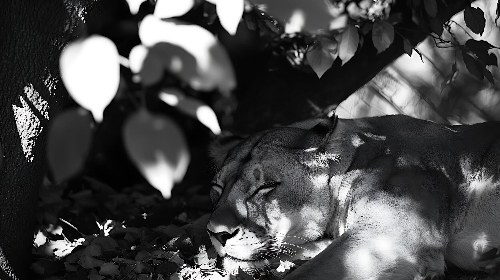 Serene Lioness Resting Peacefully Under Dappled Sunlight. photo