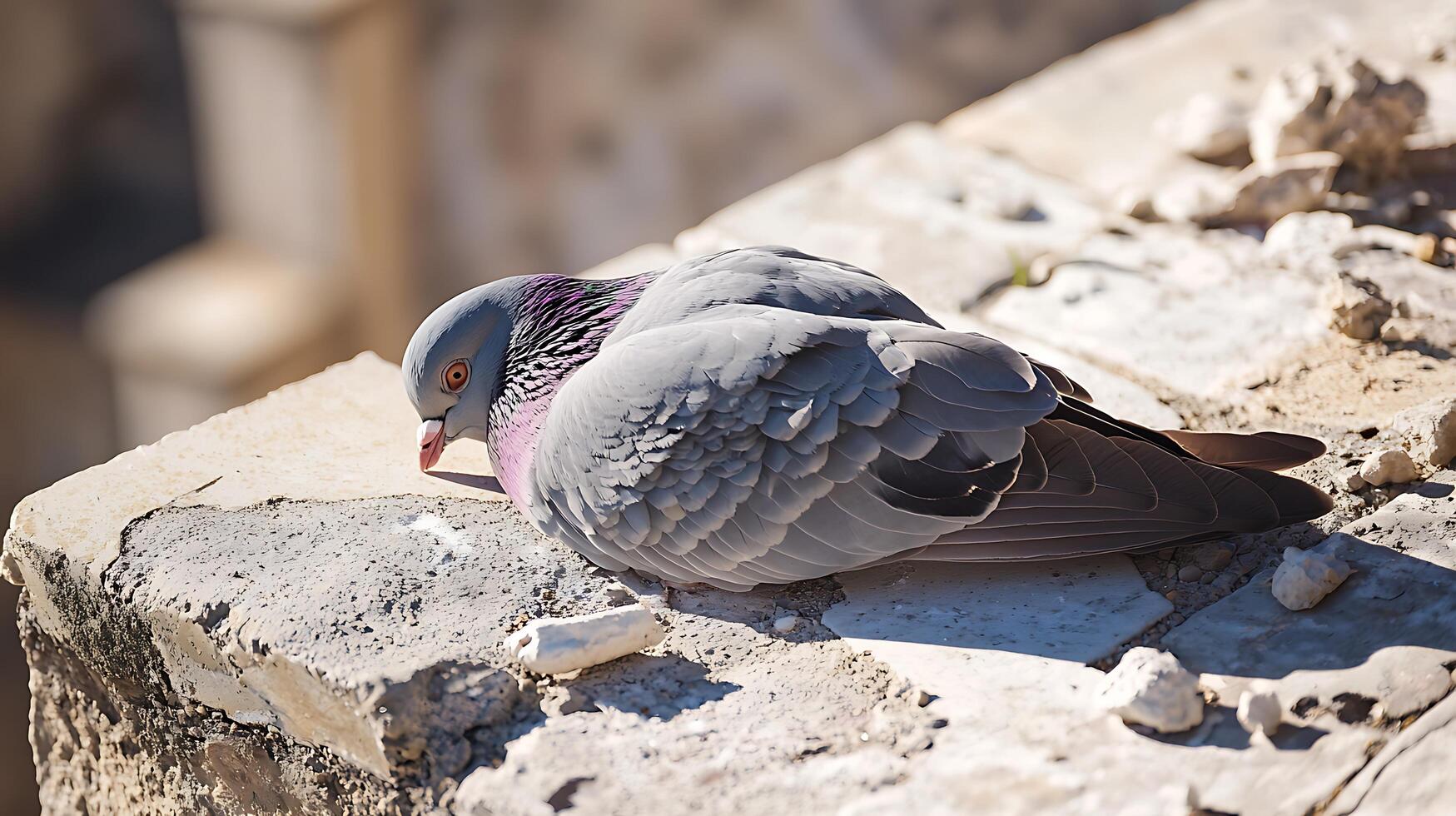 Close up of a gray pigeon resting on textured stone in sunlight. photo