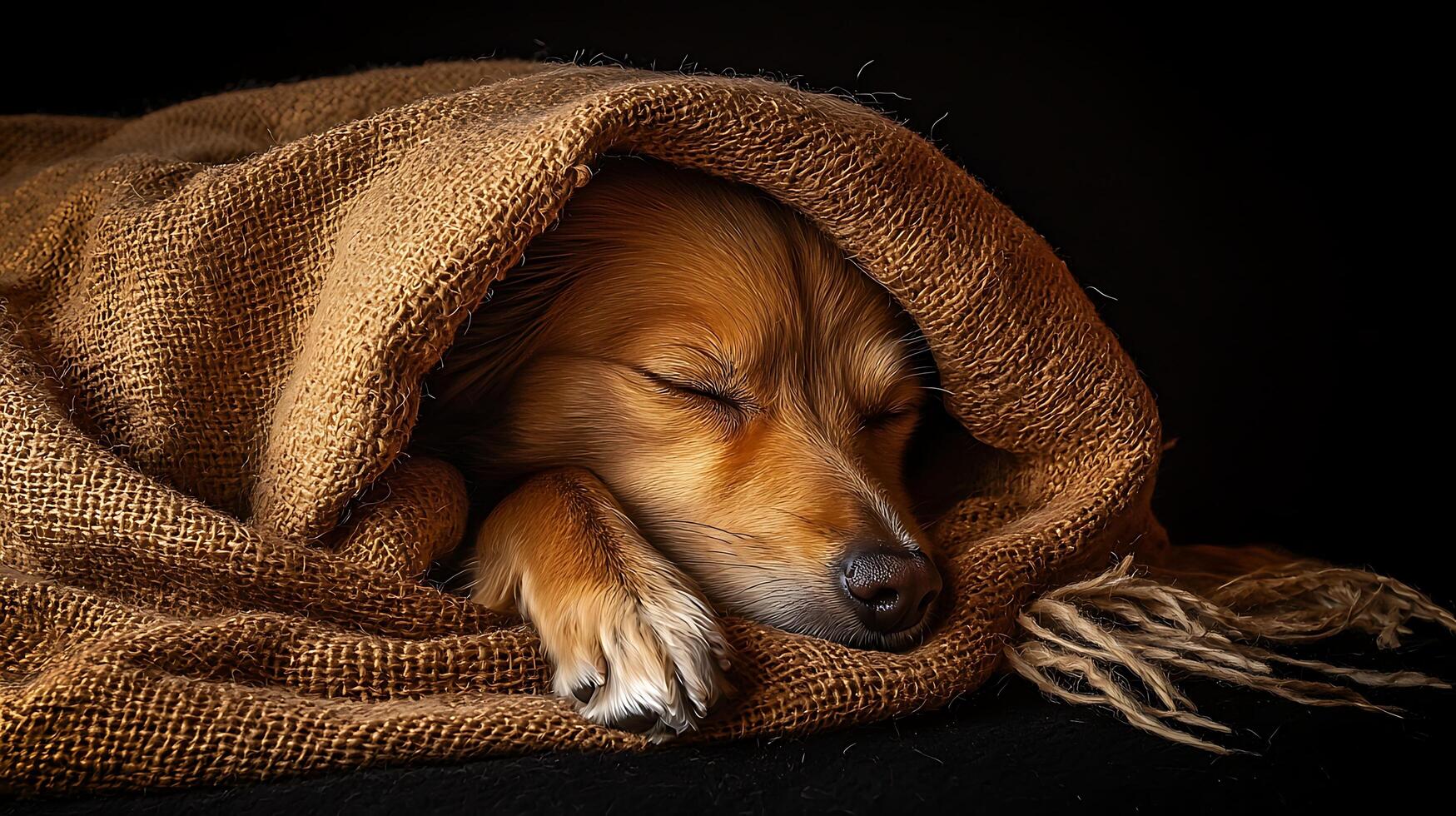 Adorable small dog sleeping peacefully wrapped in a cozy blanket. photo