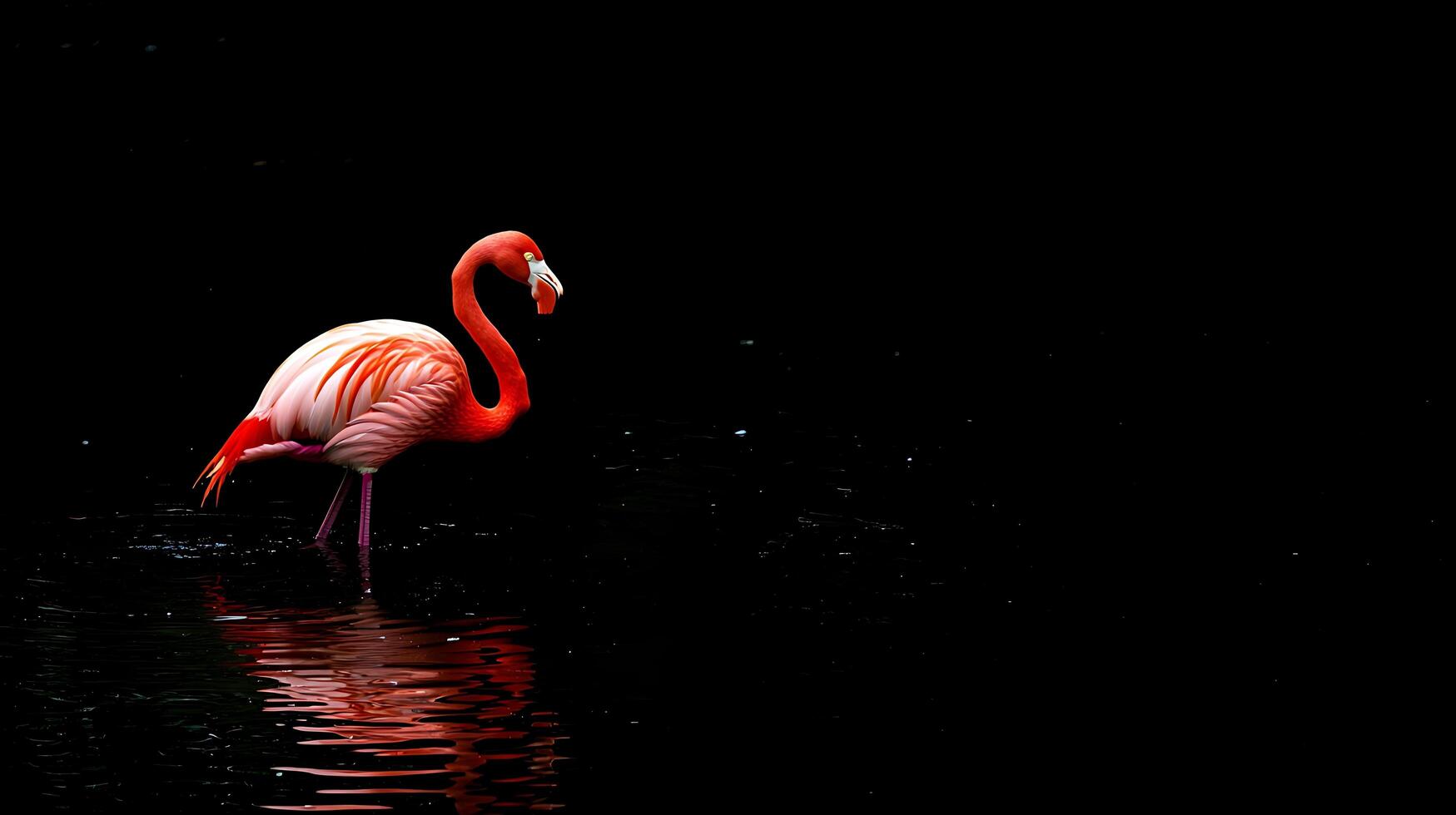 Elegant Flamingo Stands in Dark Water With Subtle Ripples. photo