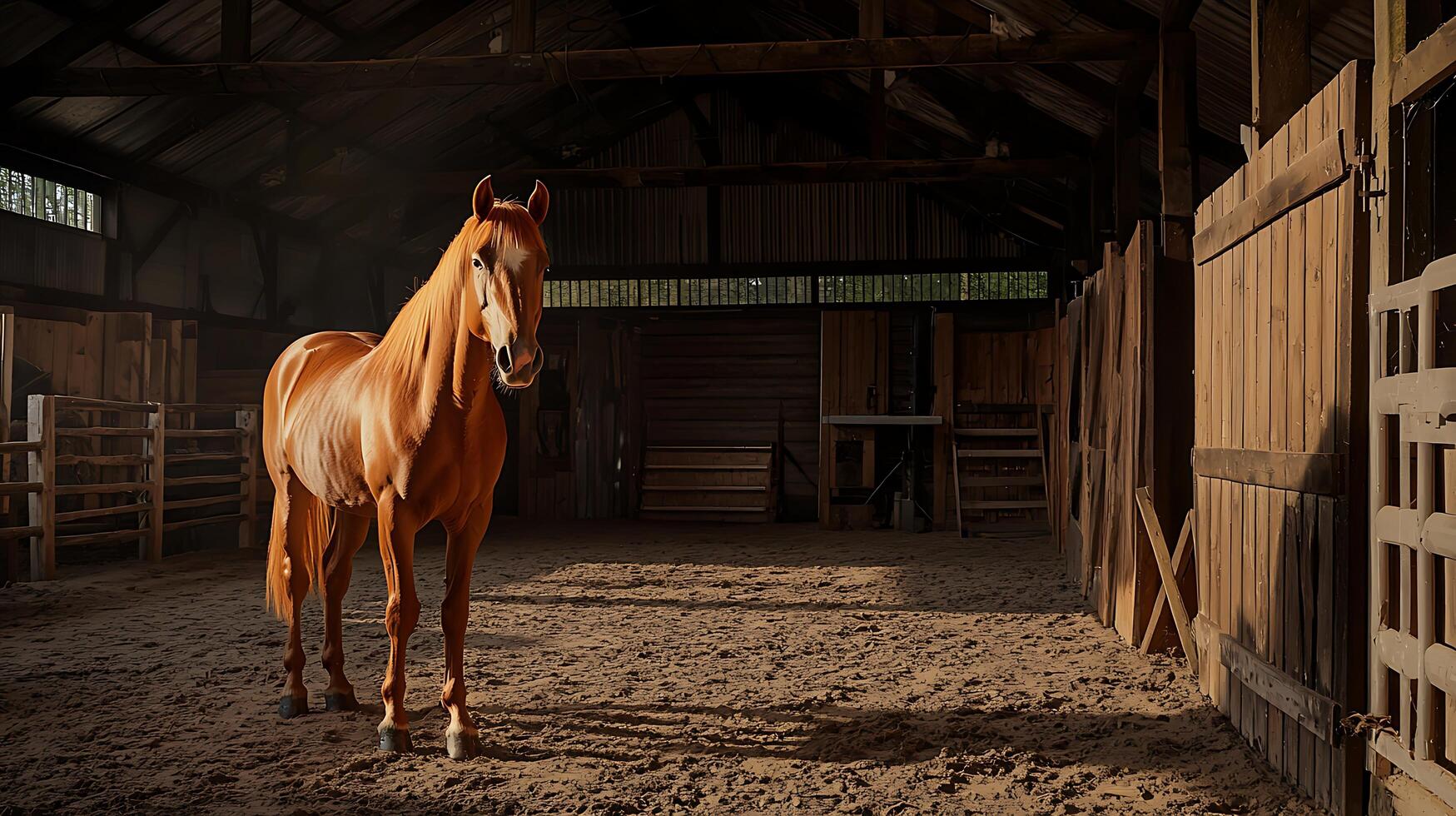 Majestic Brown Horse Standing Proudly in a Sunlit Rustic Barn. photo