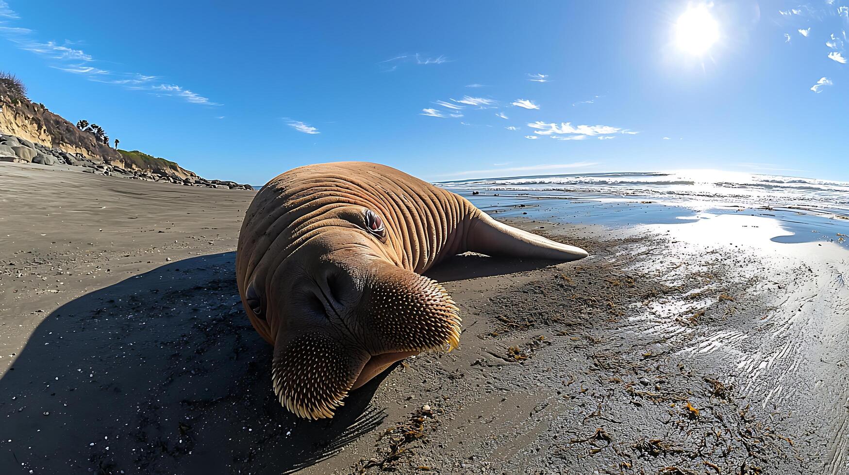 Adorable Walrus Resting on a Sandy Beach Under a Bright Sunny Sky. photo