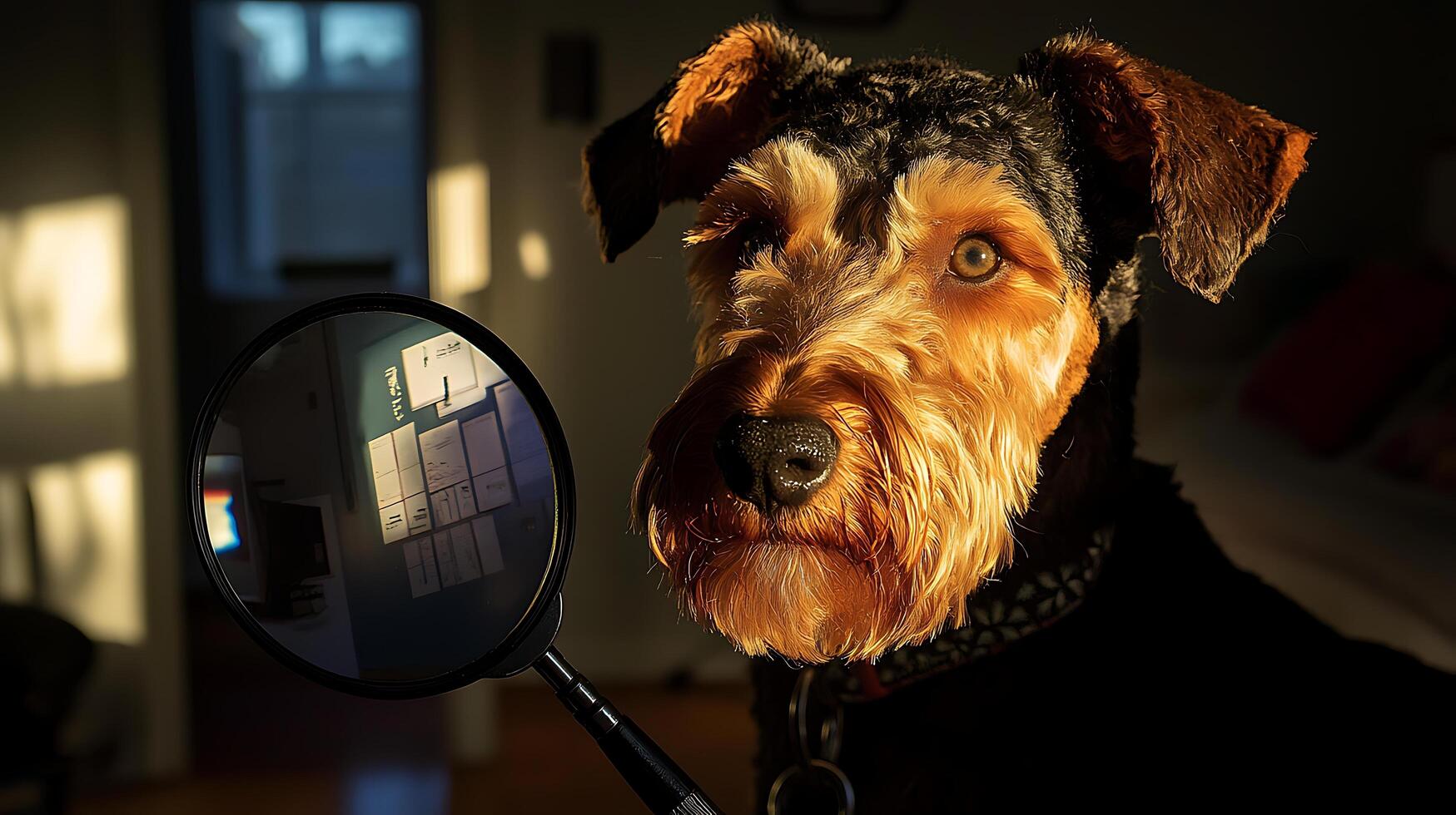 Curious Dog Examines Notes Through Magnifying Glass in Golden Light. photo