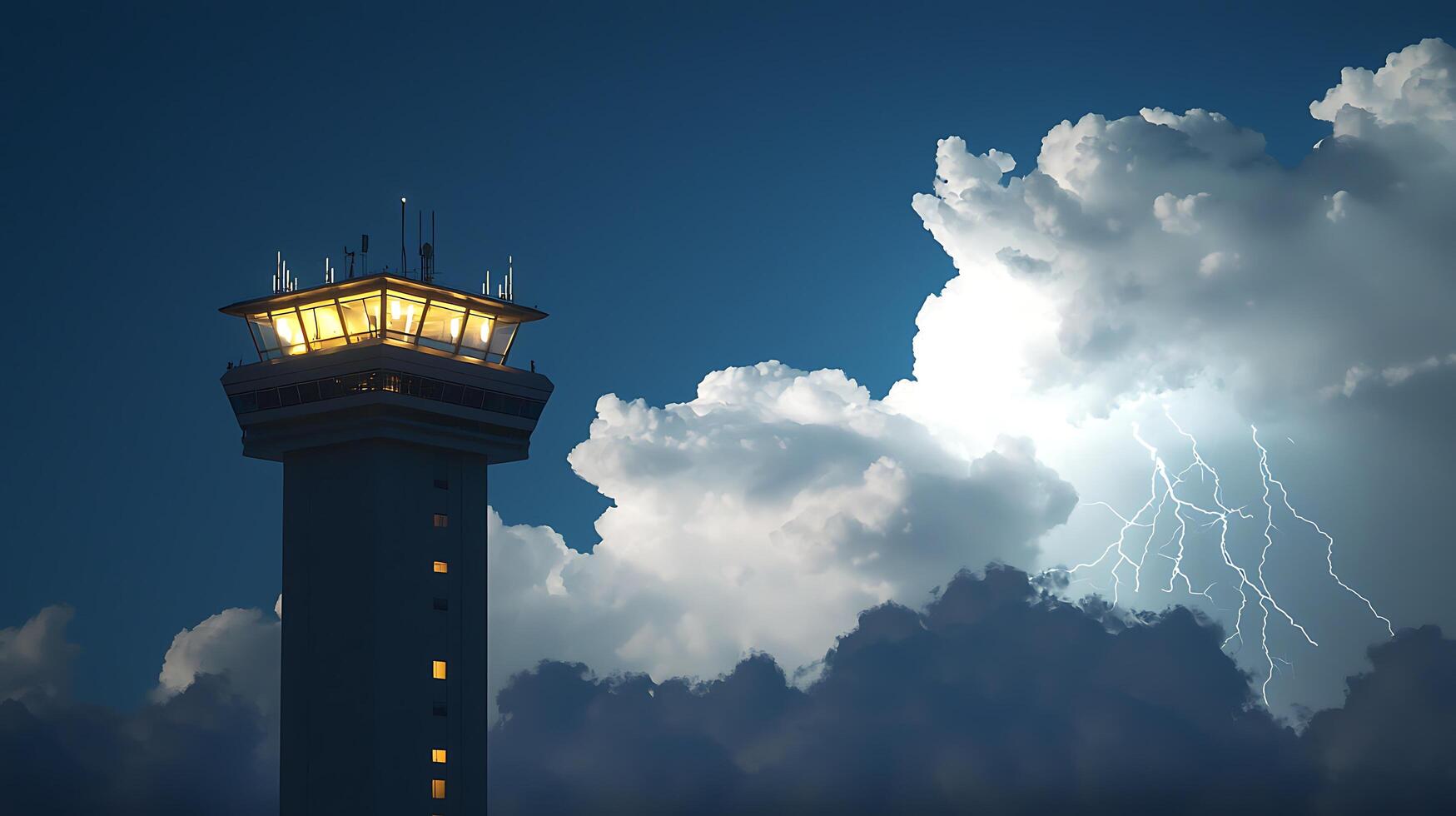 Air traffic control tower stands firm against a dramatic lightning storm. photo