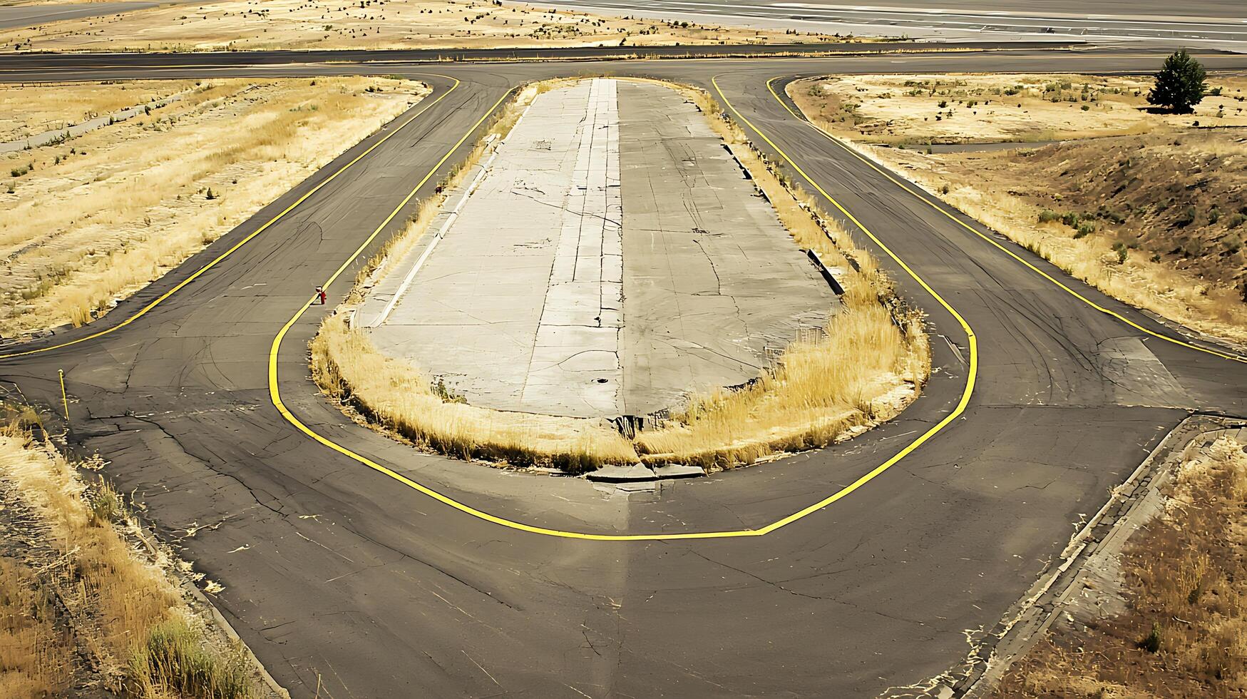 Deserted Airport Runway Scene with Overgrown Dry Grass and Cracked Asphalt. photo