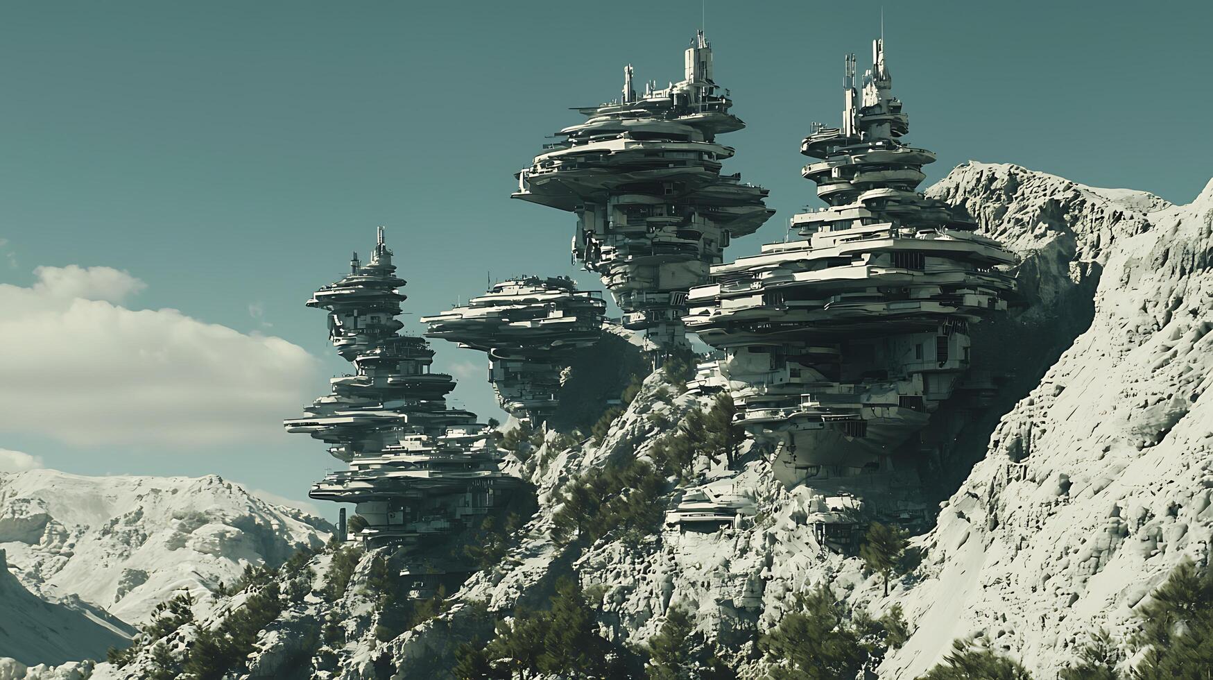 Futuristic Cityscape Built into Snowy Mountains, Advanced Alien Architecture. photo