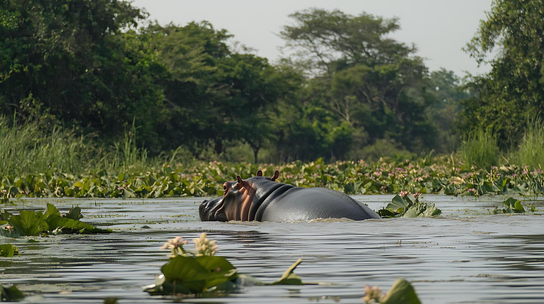 Majestic Hippo Emerges from Lily Pad Covered Waters. photo