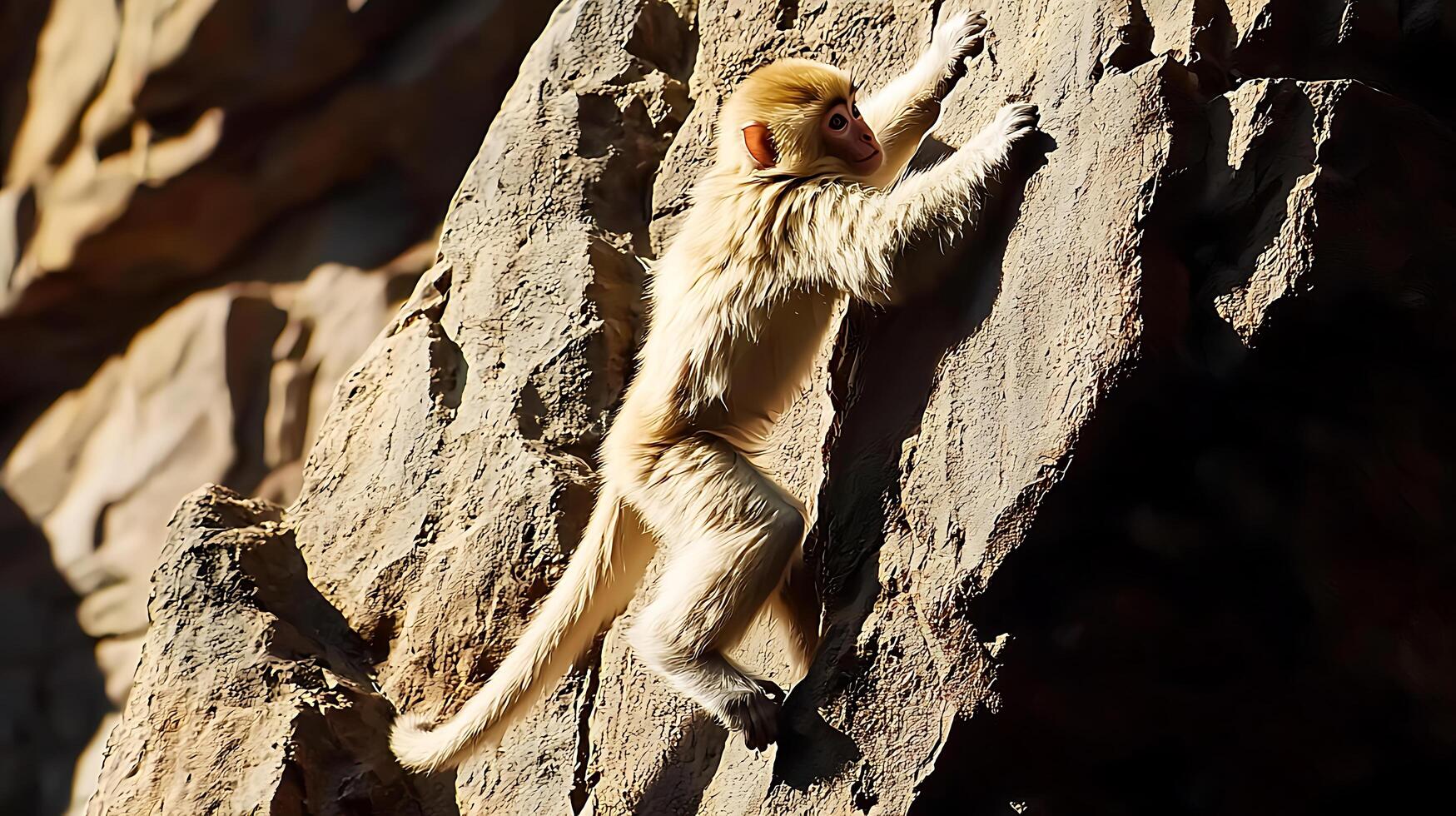 Agile Monkey Climbs Rocky Cliff Face in Sunlight. photo