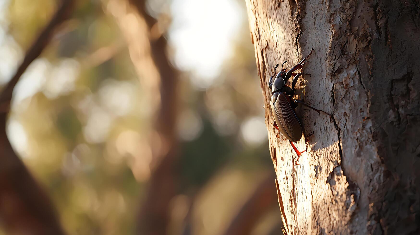 Close up of a beetle climbing rough tree bark in warm sunlight. photo