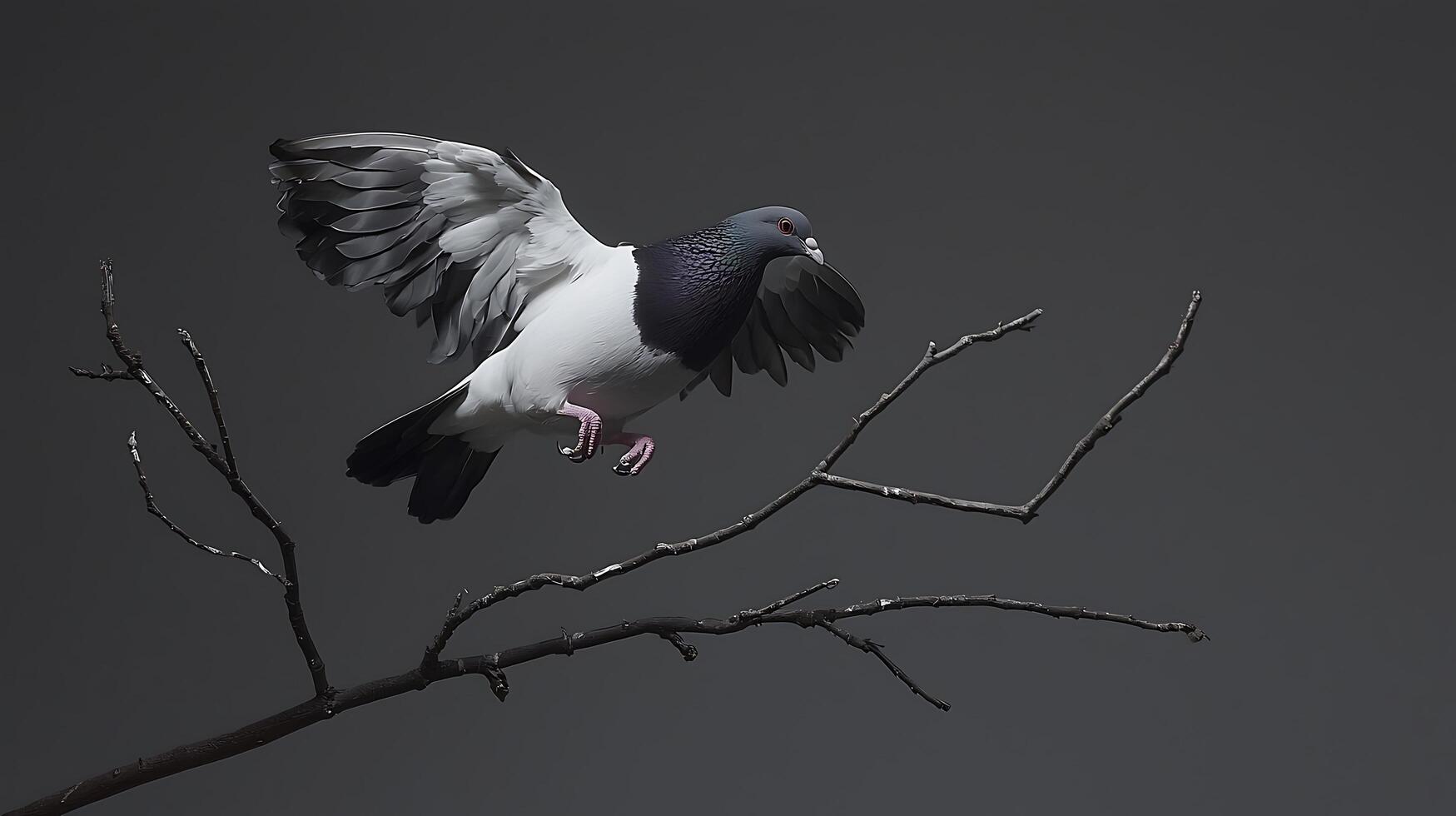 Pigeon taking flight from a bare tree branch against a dark background. photo