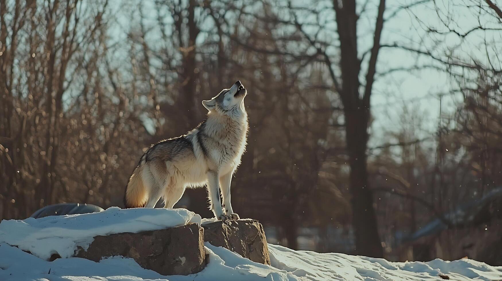 Majestic Wolf Howling in Snowy Forest at Sunrise. photo