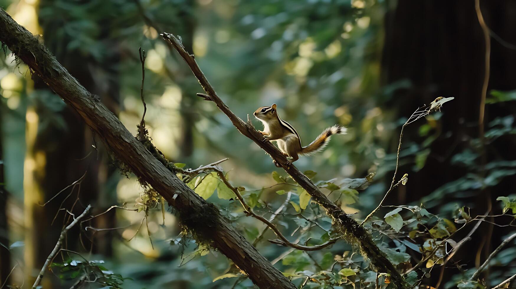 Adorable chipmunk perched on a branch in a sunlit forest. photo