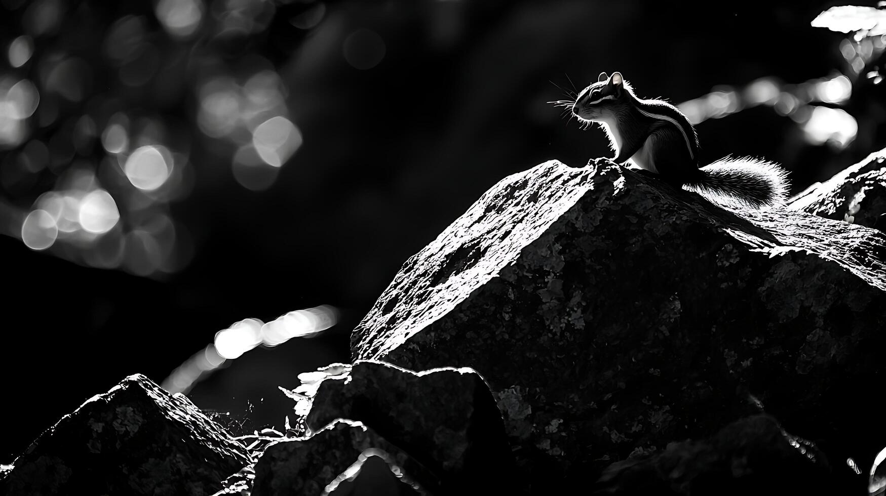 Majestic chipmunk silhouetted on a rock in dramatic black and white. photo