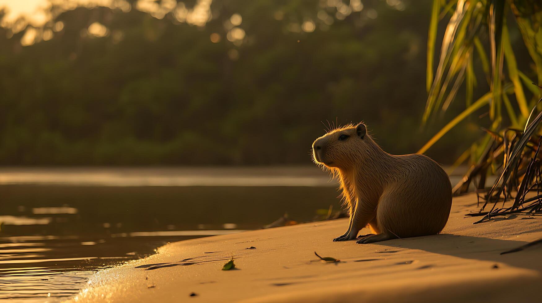 Capybara Relaxing on Sandy Riverbank at Golden Hour Sunset. photo