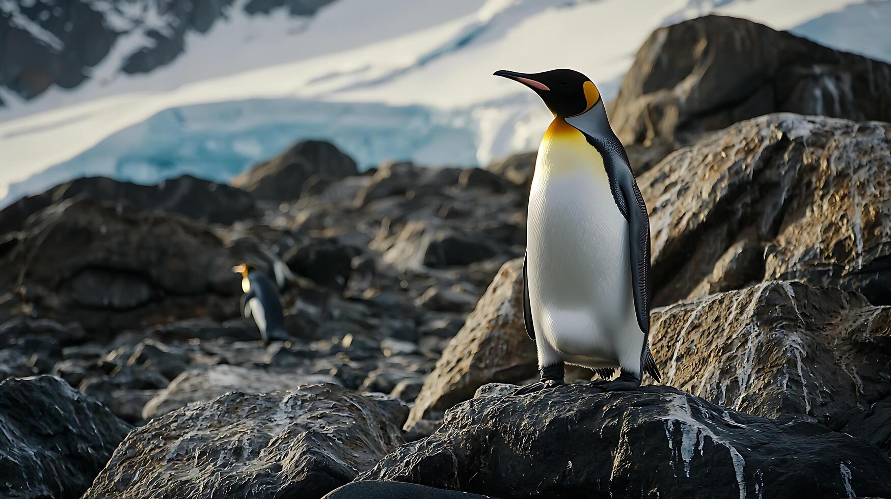 Majestic King Penguin Stands Proudly on Rocky Antarctic Shoreline. photo