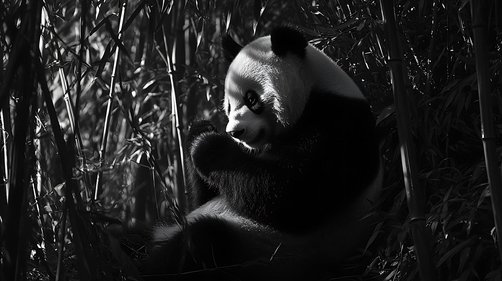 Adorable Panda Resting Peacefully Amidst Bamboo Forest Shadows. photo