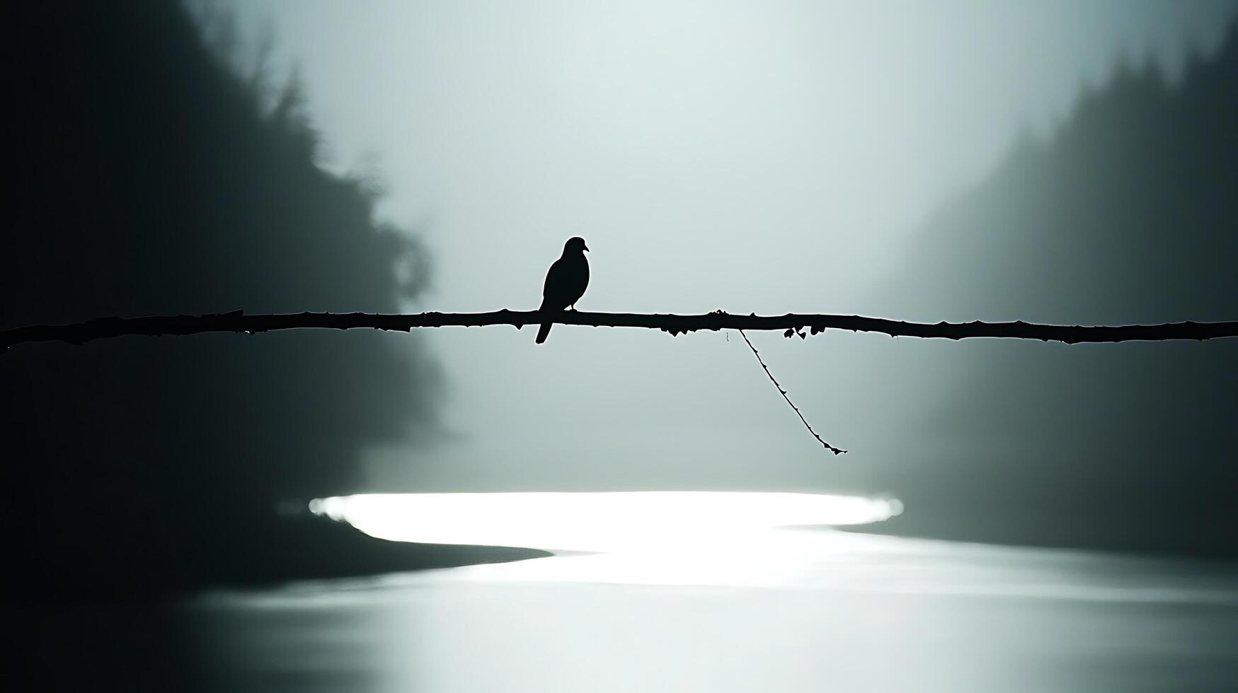 Lone Bird Perched on a Branch Above a Foggy, Reflective Lake. photo