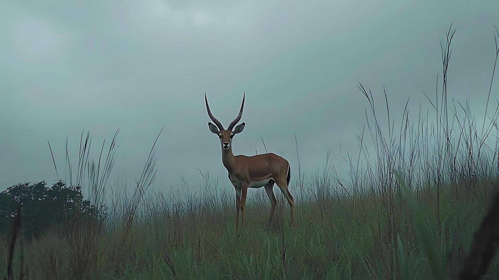 Majestic Gazelle Stands Tall in Overcast Savannah Landscape. photo