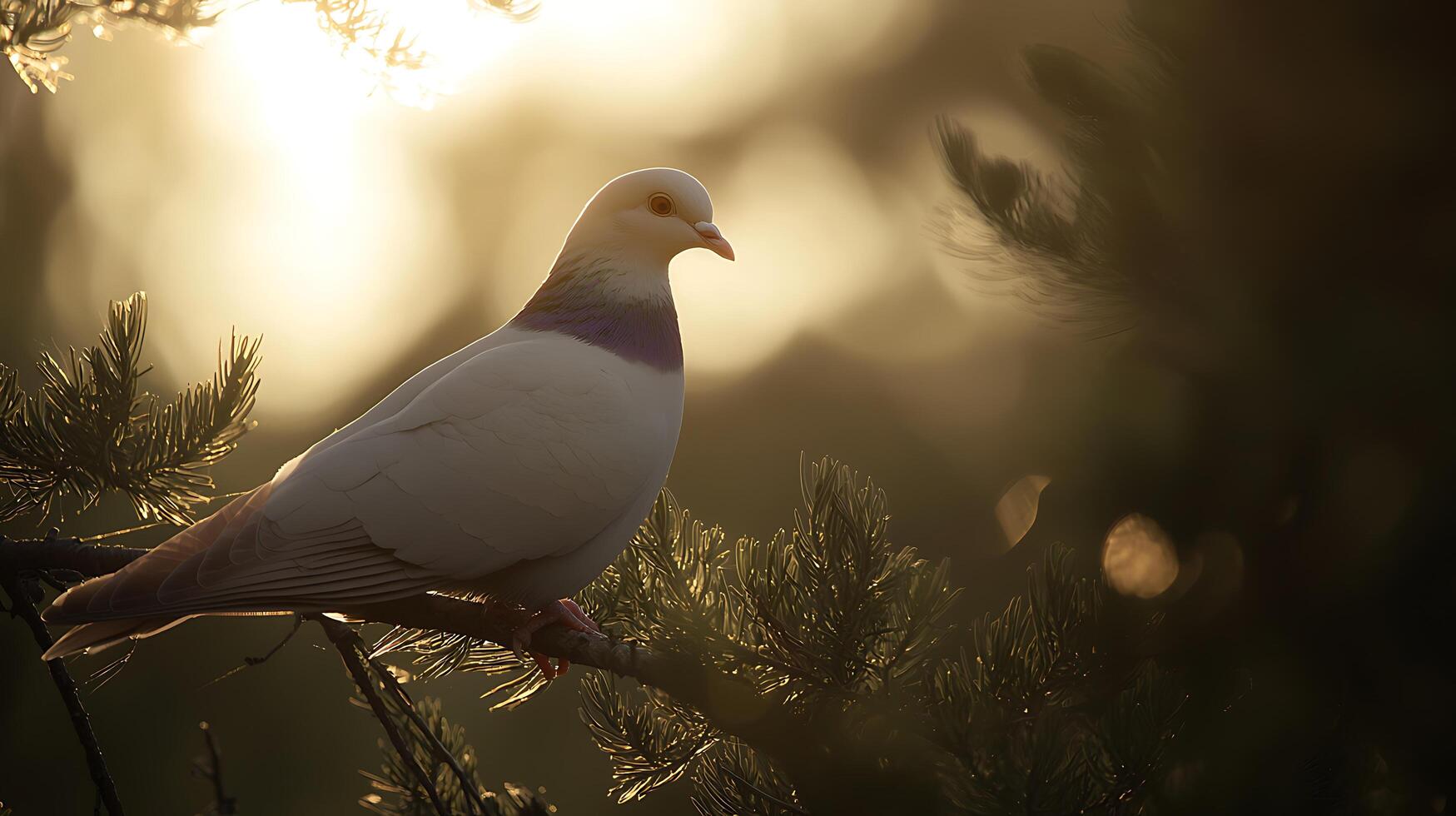 Golden Hour Sunlight Bathes Peaceful Pigeon on a Pine Branch. photo