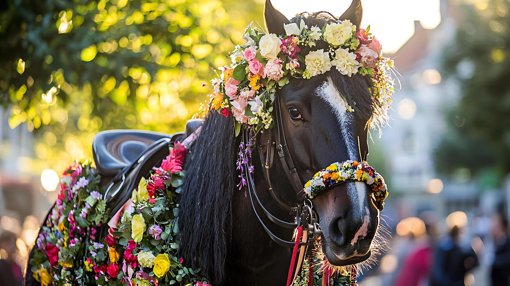 Majestic Horse Adorned with Vibrant Flowers in Warm Sunlight. photo