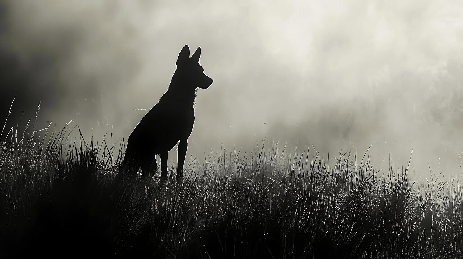 Dog silhouette in a misty field at dawn, looking into the distance. photo