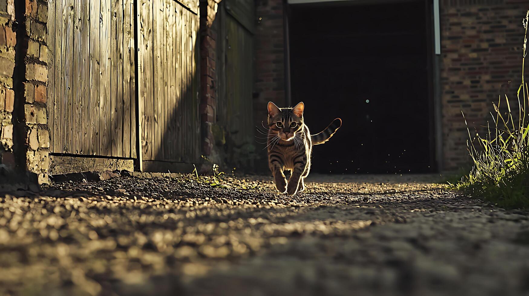 A Tabby Cat Walks Forward in Warm Golden Hour Sunlight. photo