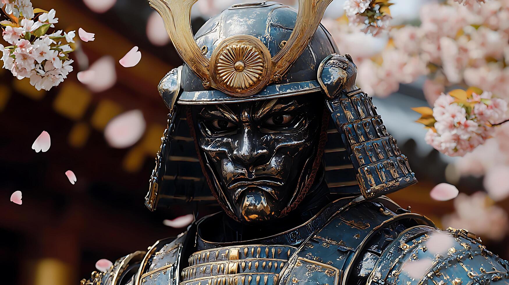 Fierce Samurai Warrior Mask with Falling Cherry Blossoms. photo