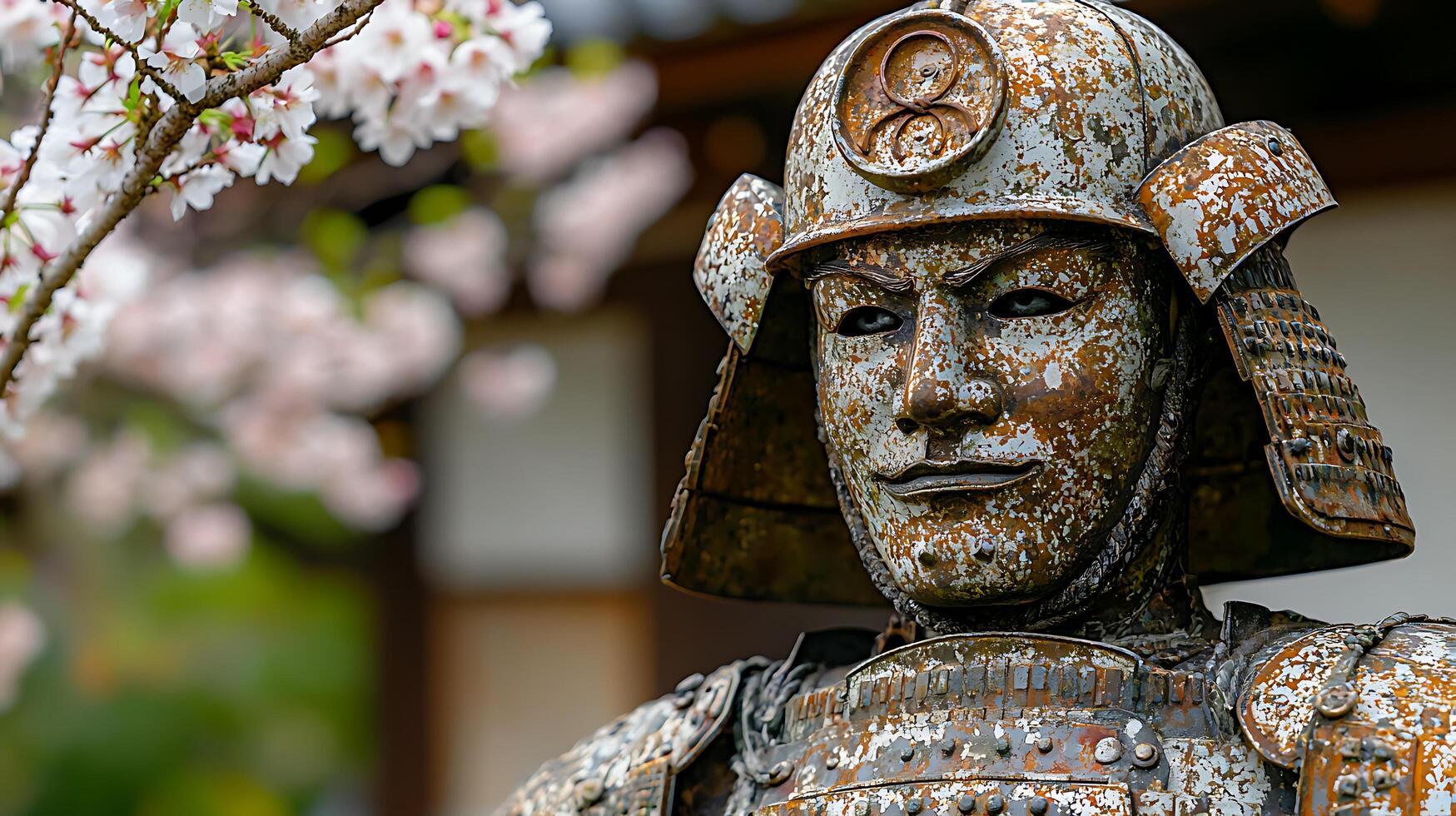 Ancient Warrior Sculpture Guarding Delicate Cherry Blossoms in Spring. photo