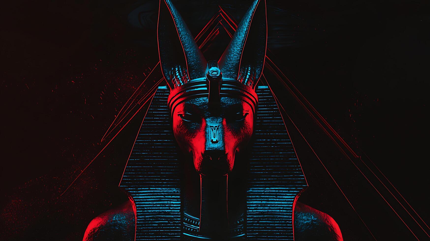 Ethereal Anubis Head with Glowing Egyptian Symbols and Red Accents. photo