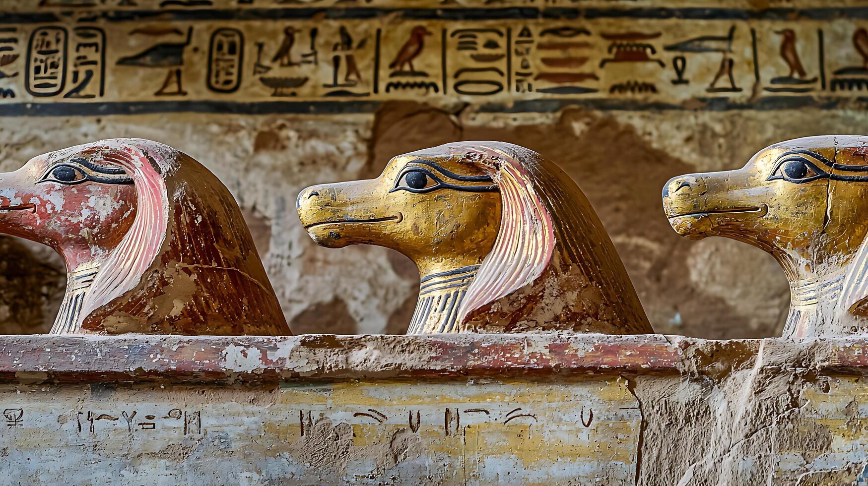 Ancient Egyptian Animal Statues Guarding Hieroglyphic Secrets Within a Temple. photo